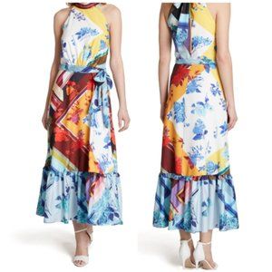 TAHARI SLEEVELESS MOCK NECK RUFFLE HEM DRESS